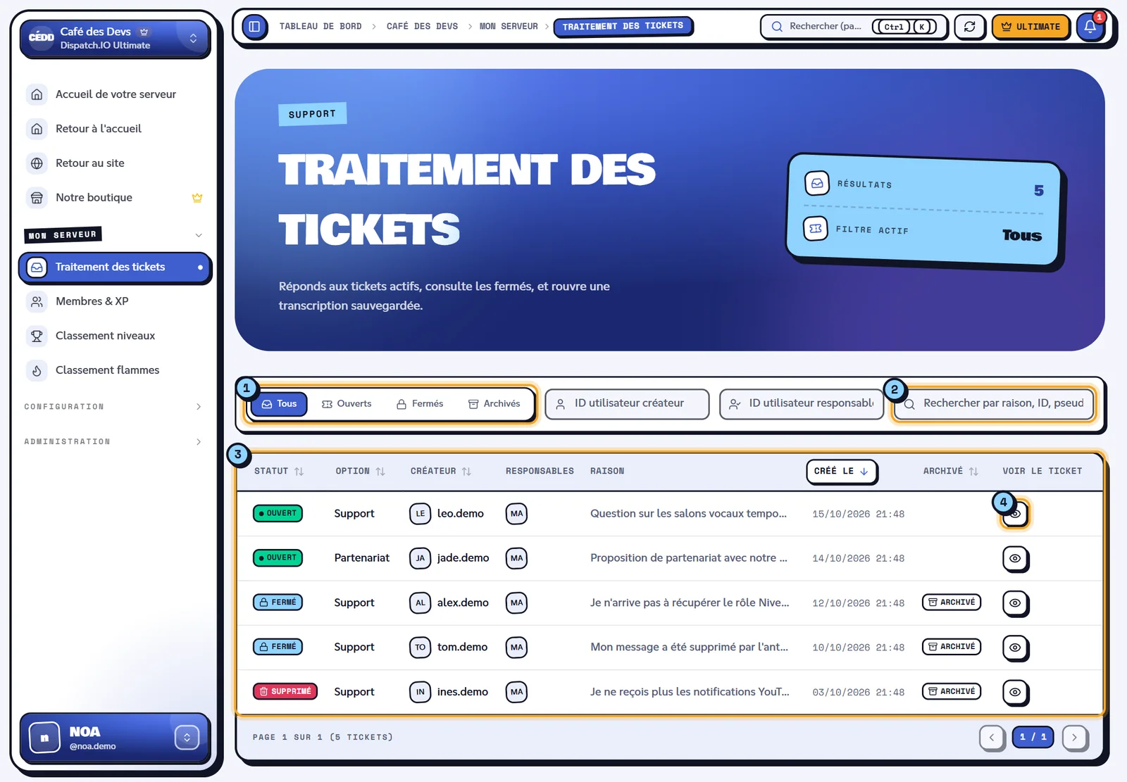 Les cinq tickets du serveur Café des Devs. Liste des tickets avec les filtres de statut, la recherche et le tableau
