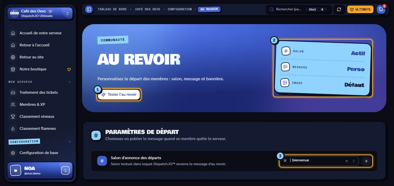 La page Au revoir : même formulaire, sans les rôles. Page Au revoir avec trois indicateurs et le salon des départs