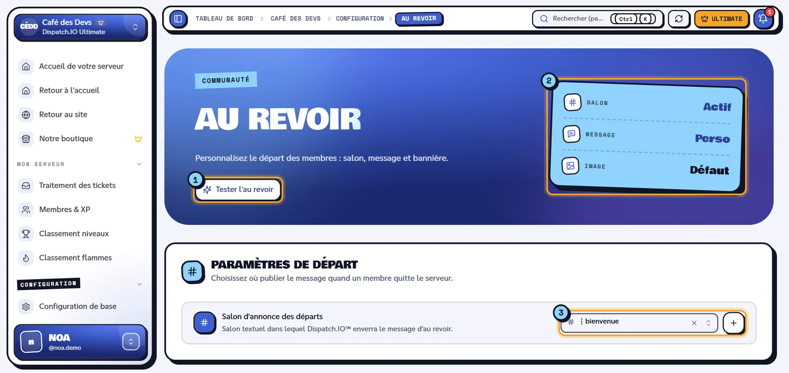 La page Au revoir : même formulaire, sans les rôles. Page Au revoir avec trois indicateurs et le salon des départs