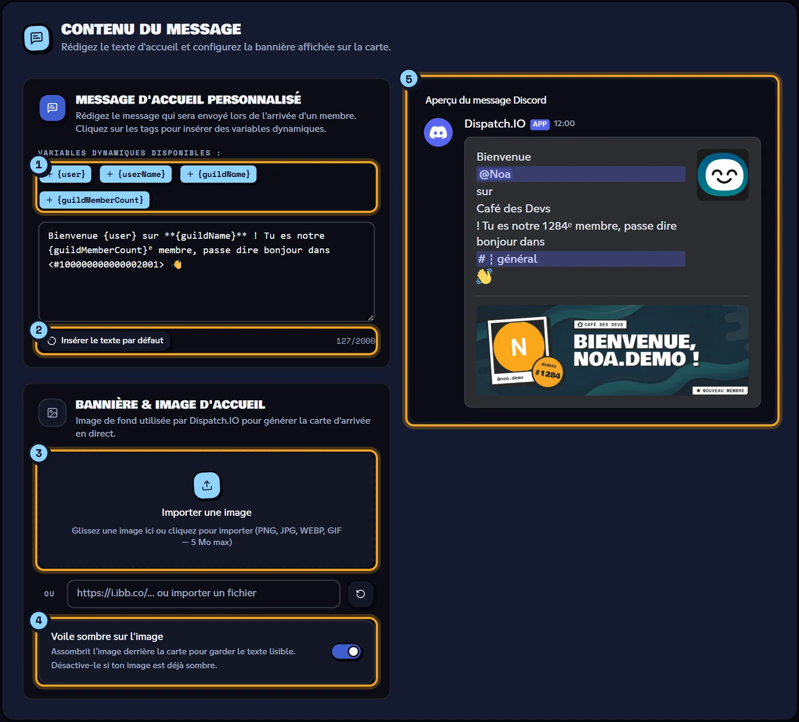 Le message, l'image et l'aperçu en direct, avant enregistrement. Contenu du message de bienvenue avec les variables, l'image de fond et l'aperçu Discord