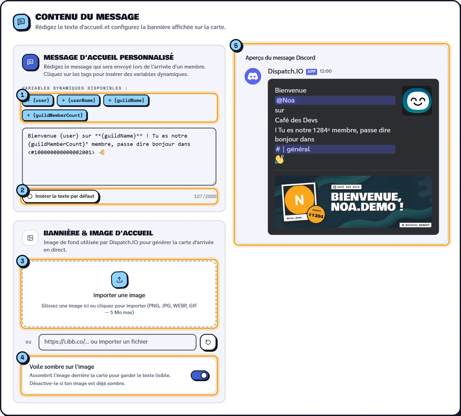 Le message, l'image et l'aperçu en direct, avant enregistrement. Contenu du message de bienvenue avec les variables, l'image de fond et l'aperçu Discord