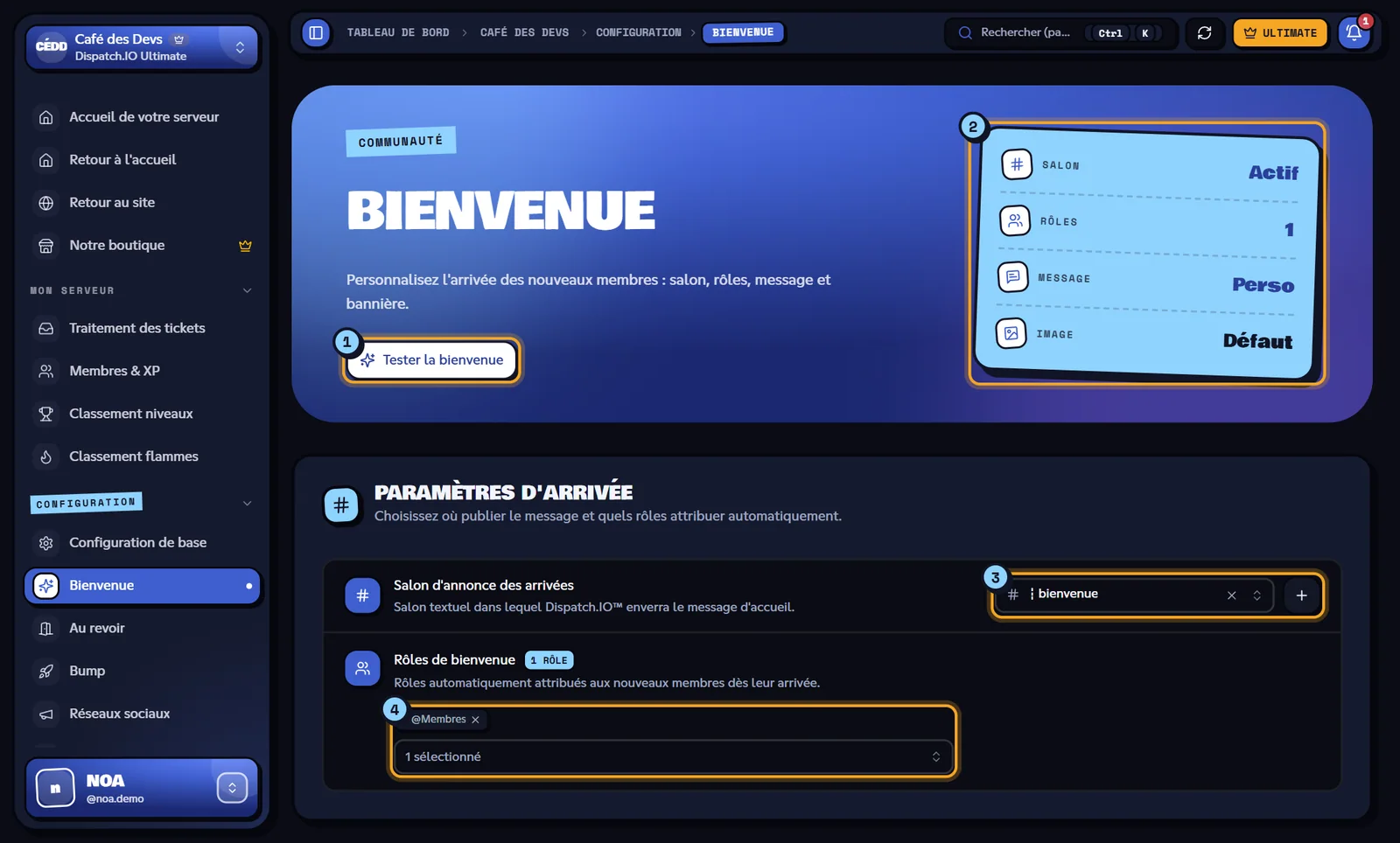 La page Bienvenue du serveur Café des Devs. Page Bienvenue avec le bouton de test, les indicateurs et les paramètres d'arrivée