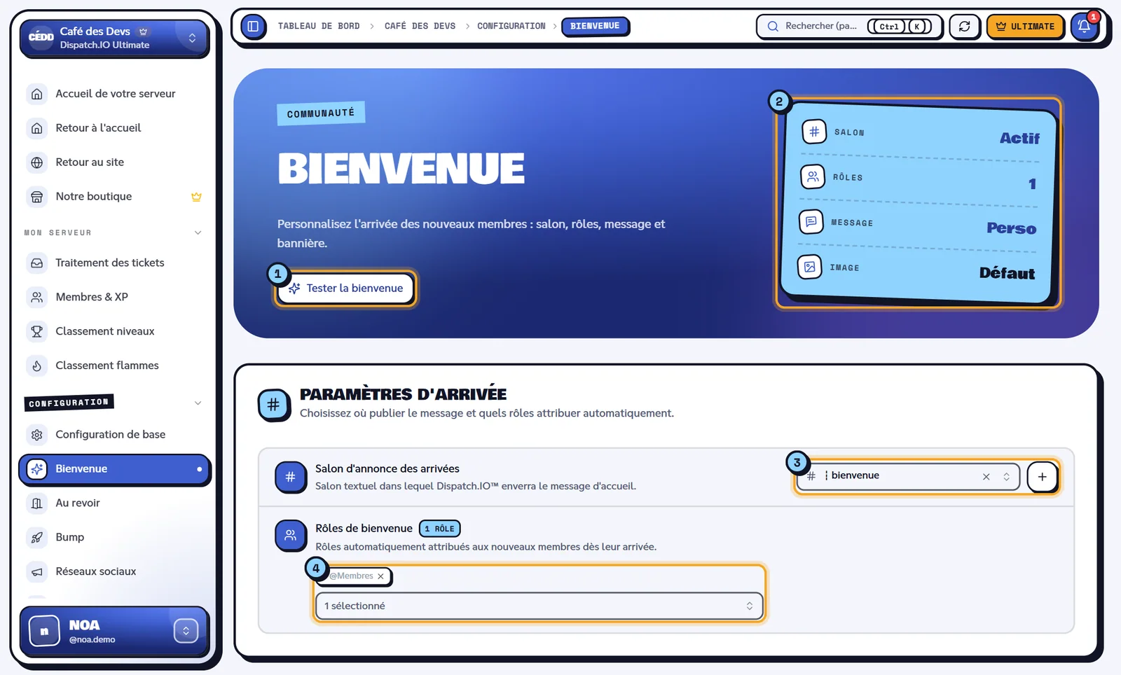 La page Bienvenue du serveur Café des Devs. Page Bienvenue avec le bouton de test, les indicateurs et les paramètres d'arrivée