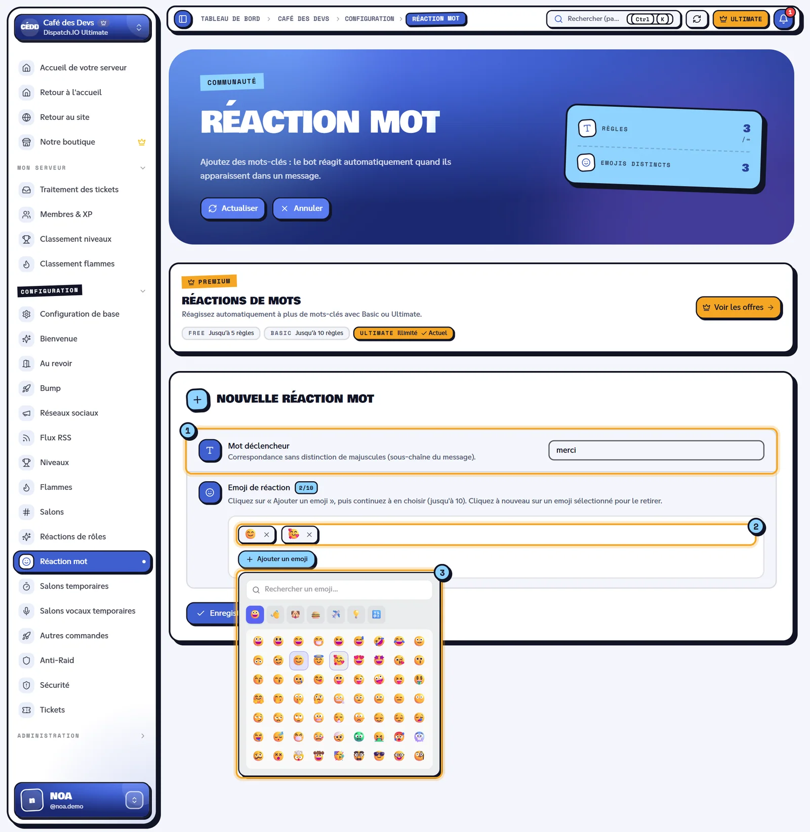 Le formulaire de création, sélecteur d'emojis ouvert. Formulaire Nouvelle réaction mot avec le sélecteur d'emojis ouvert