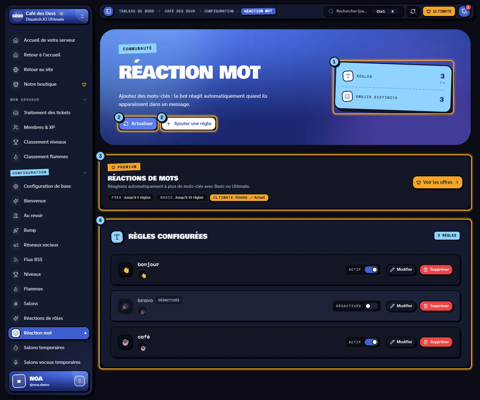 La page Réaction mot du serveur Café des Devs. Page Réaction mot avec trois règles configurées