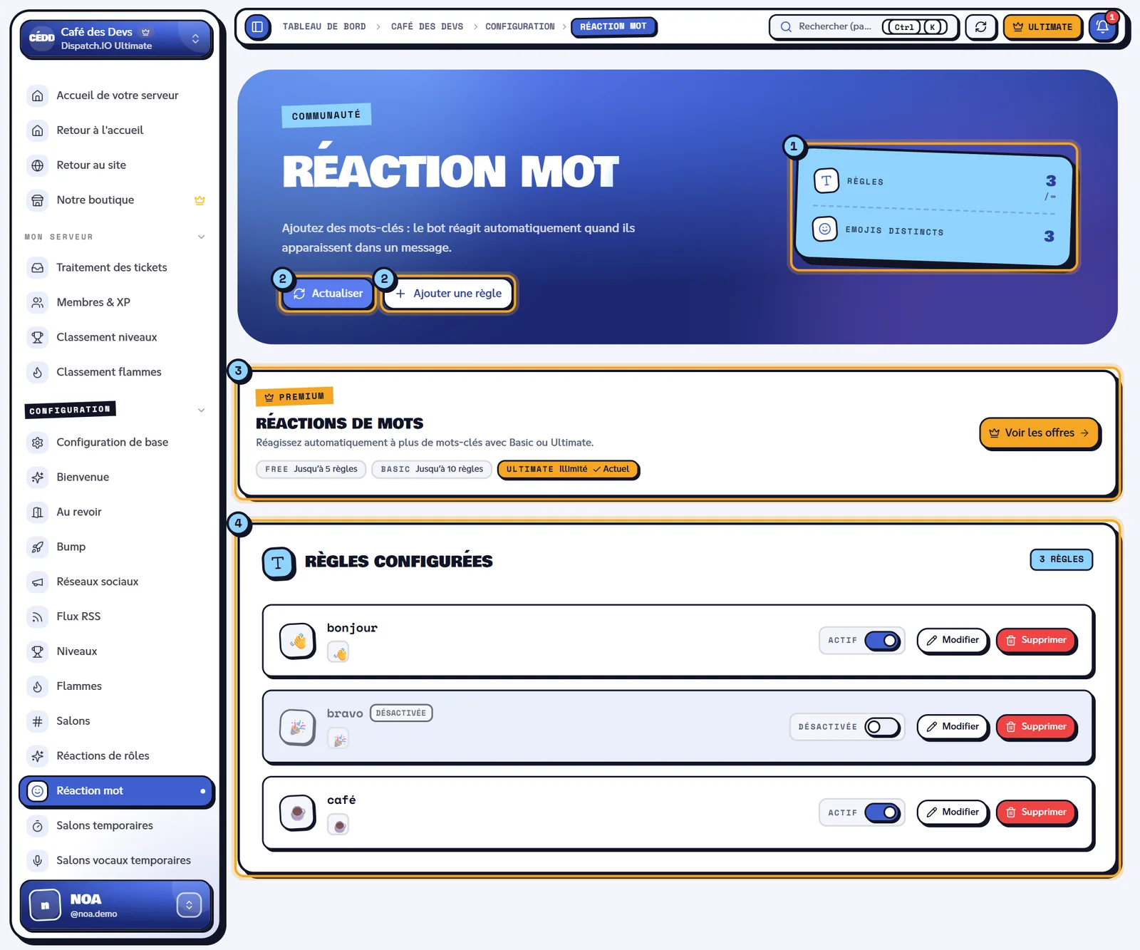 La page Réaction mot du serveur Café des Devs. Page Réaction mot avec trois règles configurées