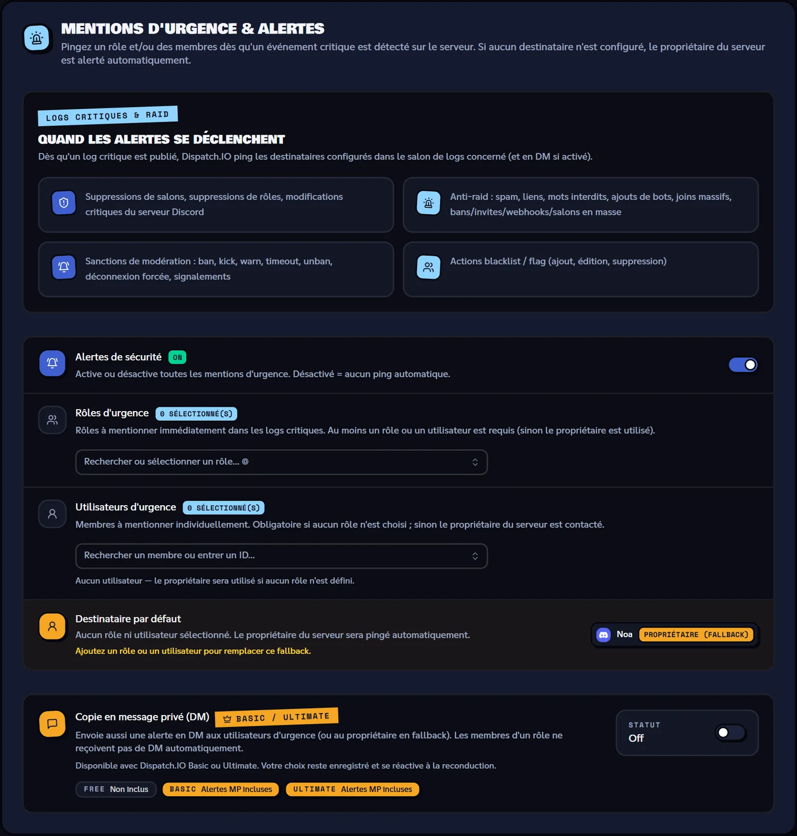 Section Mentions d'urgence & alertes de la configuration de base