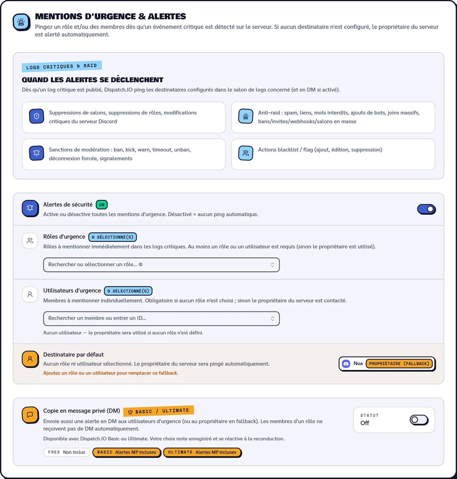 Section Mentions d'urgence & alertes de la configuration de base