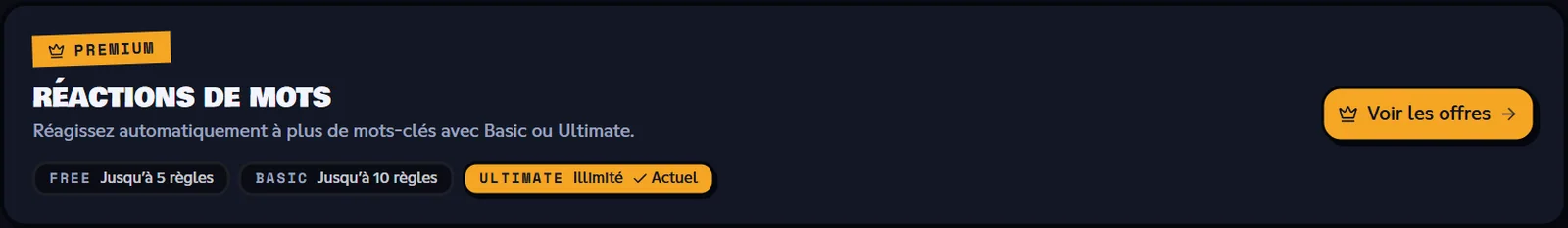 L'offre actuelle est mise en avant ; Voir les offres ouvre la boutique. Encadré Premium de la page Réaction mot, offre Ultimate du serveur marquée Actuel