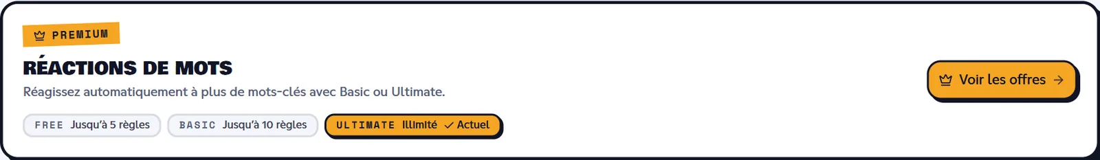 L'offre actuelle est mise en avant ; Voir les offres ouvre la boutique. Encadré Premium de la page Réaction mot, offre Ultimate du serveur marquée Actuel
