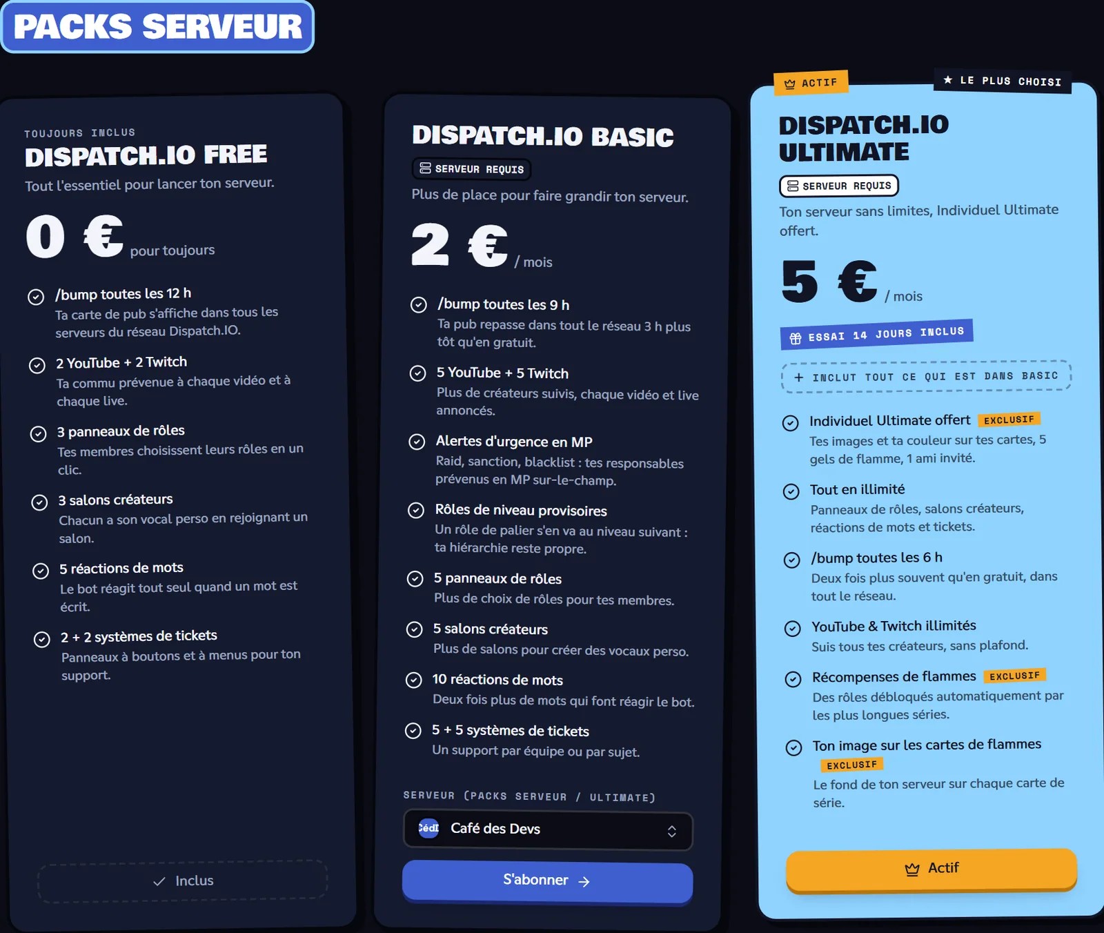 Choisis le serveur avant de cliquer sur S'abonner. Boutique, onglet Offres, packs serveur avec le choix du serveur