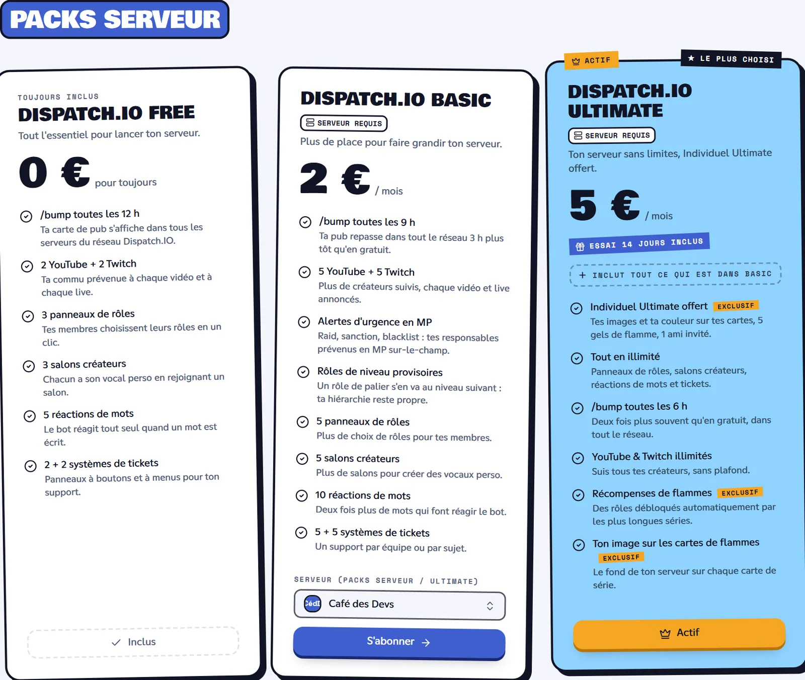 Choisis le serveur avant de cliquer sur S'abonner. Boutique, onglet Offres, packs serveur avec le choix du serveur