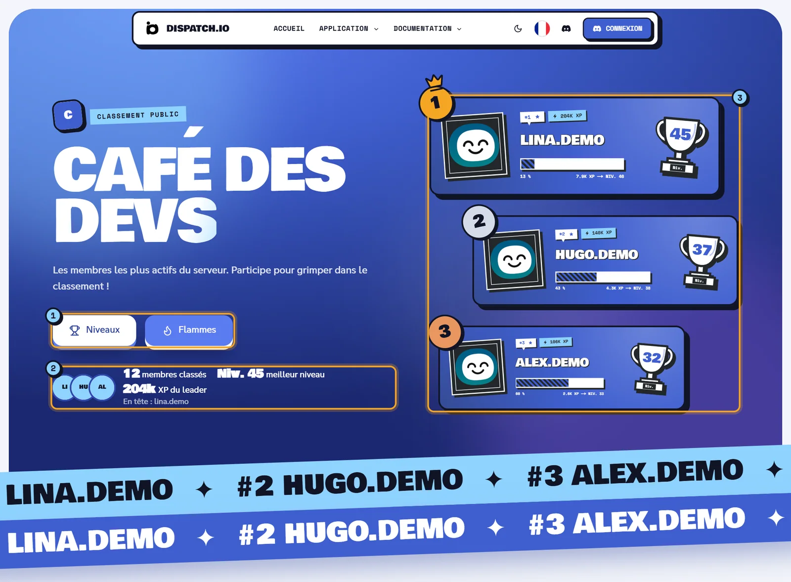 Le classement des niveaux de « Café des Devs » Classement des niveaux du serveur Café des Devs : en-tête bleu avec le nom du serveur, boutons Niveaux et Flammes, chiffres clés et podium des trois premiers