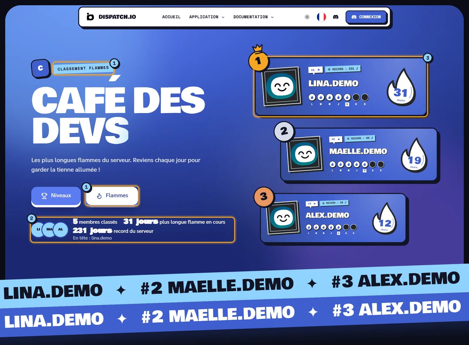 Le classement des flammes Classement des flammes de Café des Devs : en-tête avec le bouton Flammes actif, chiffres clés et podium de cartes de flamme avec les jours de la semaine