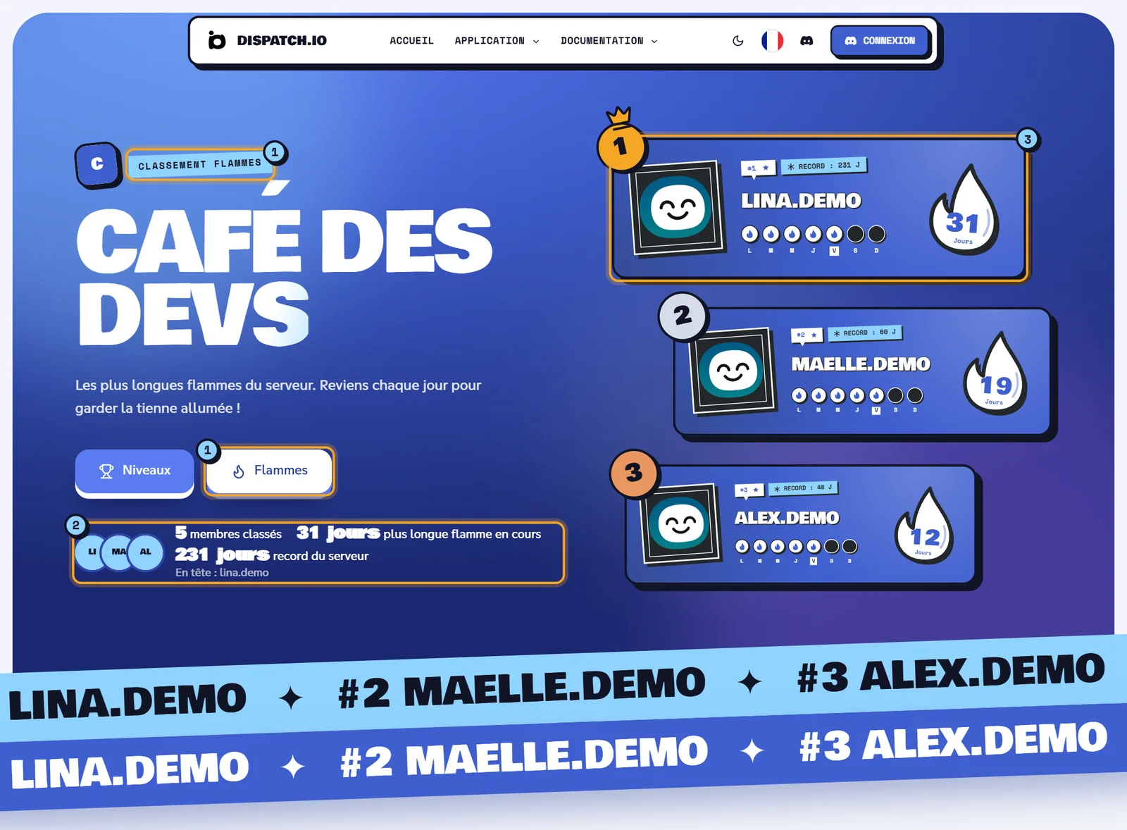 Le classement des flammes Classement des flammes de Café des Devs : en-tête avec le bouton Flammes actif, chiffres clés et podium de cartes de flamme avec les jours de la semaine