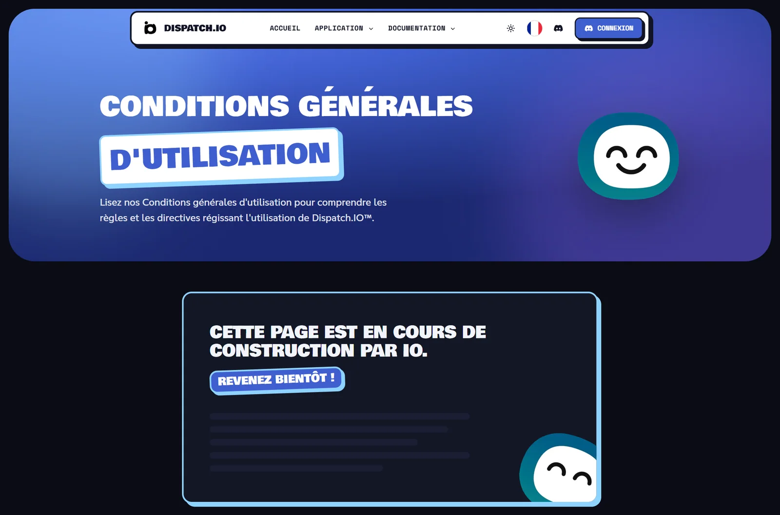 Les pages légales sont en cours d'écriture Page Conditions générales d'utilisation : titre, résumé et encadré indiquant que la page est en construction