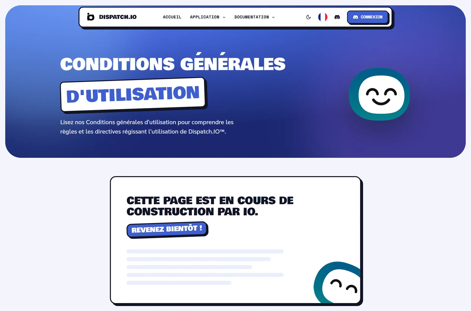 Les pages légales sont en cours d'écriture Page Conditions générales d'utilisation : titre, résumé et encadré indiquant que la page est en construction