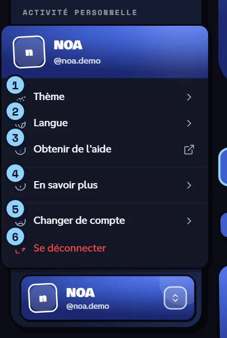 Menu du compte ouvert en bas de la barre latérale du tableau de bord