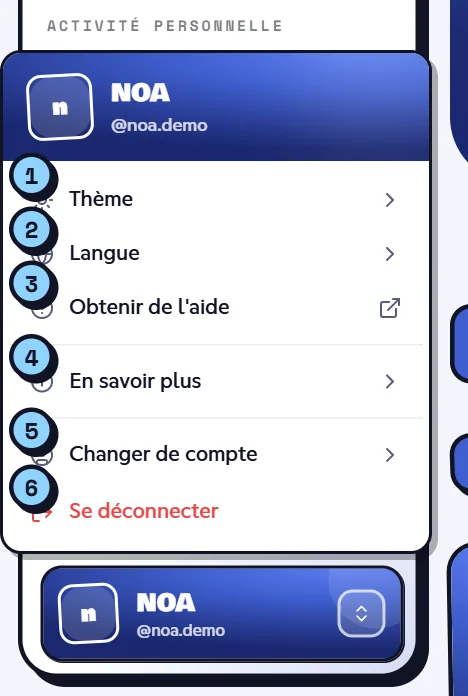 Menu du compte ouvert en bas de la barre latérale du tableau de bord