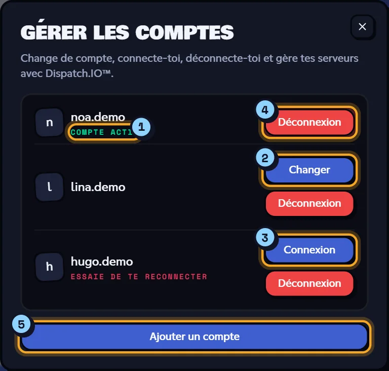 Fenêtre Gérer les comptes avec un compte actif, un deuxième compte et un compte expiré