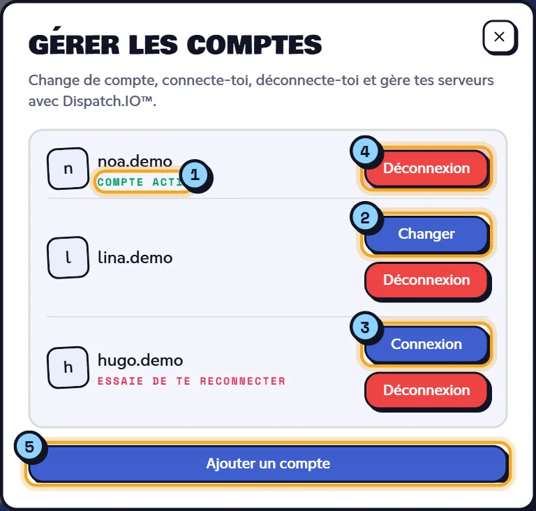 Fenêtre Gérer les comptes avec un compte actif, un deuxième compte et un compte expiré