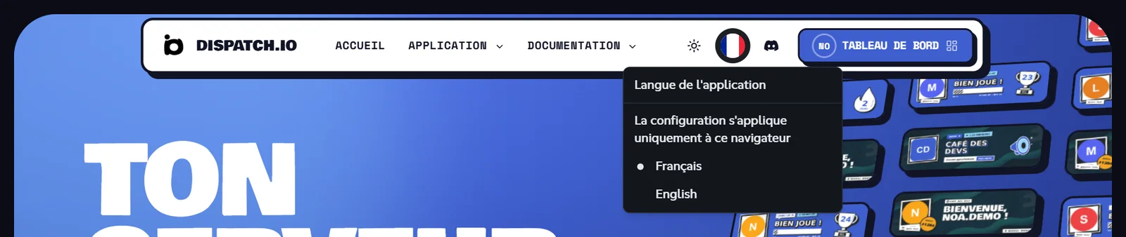 Menu Langue de l'application ouvert depuis le drapeau du menu du haut, avec les choix Français et English
