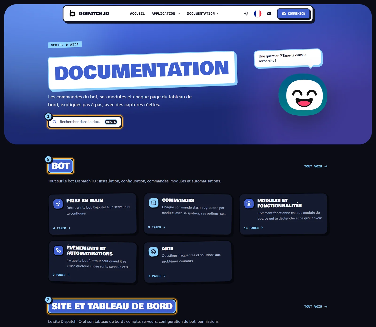 Accueil de la documentation avec le champ de recherche et les deux espaces