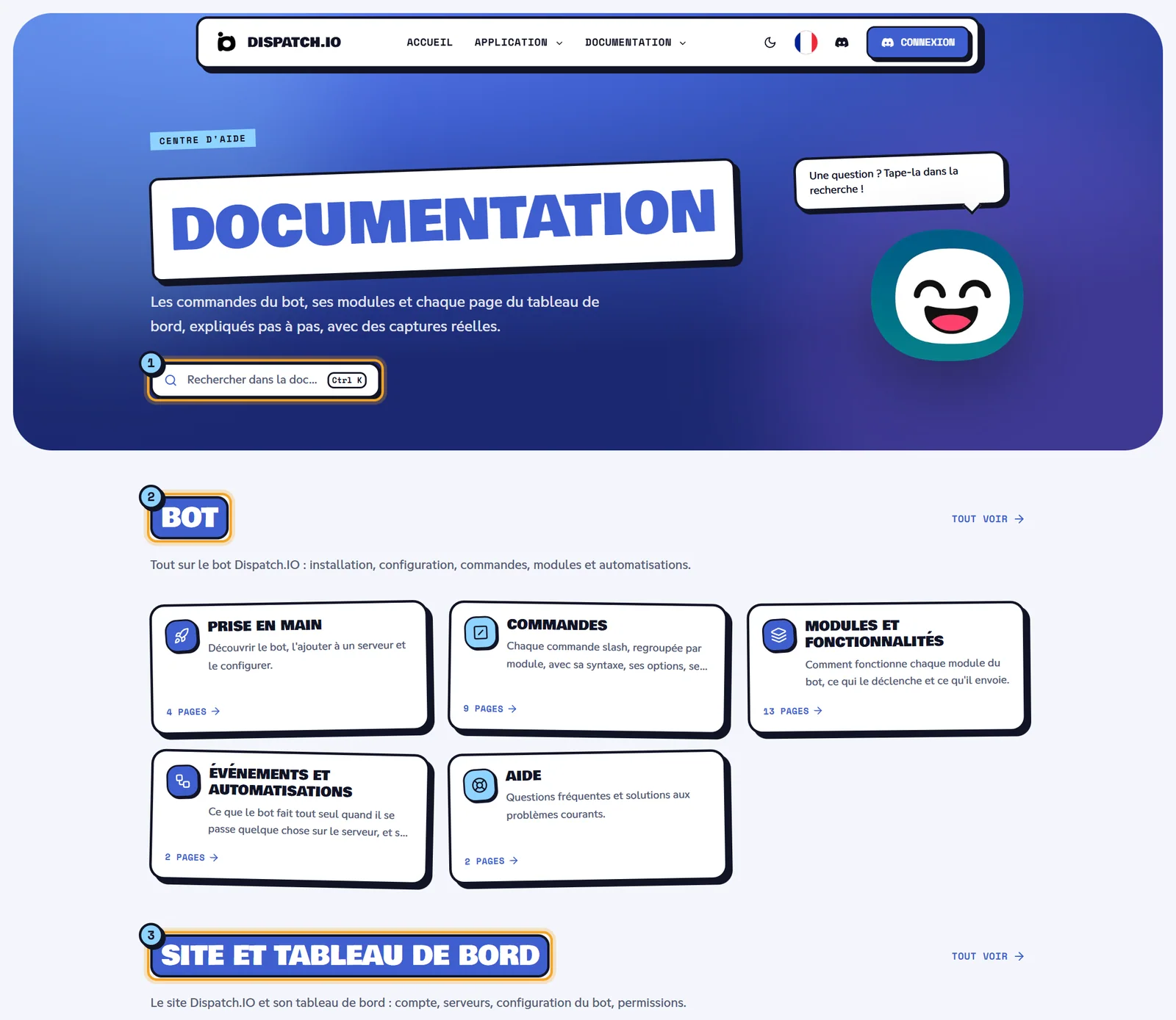 Accueil de la documentation avec le champ de recherche et les deux espaces