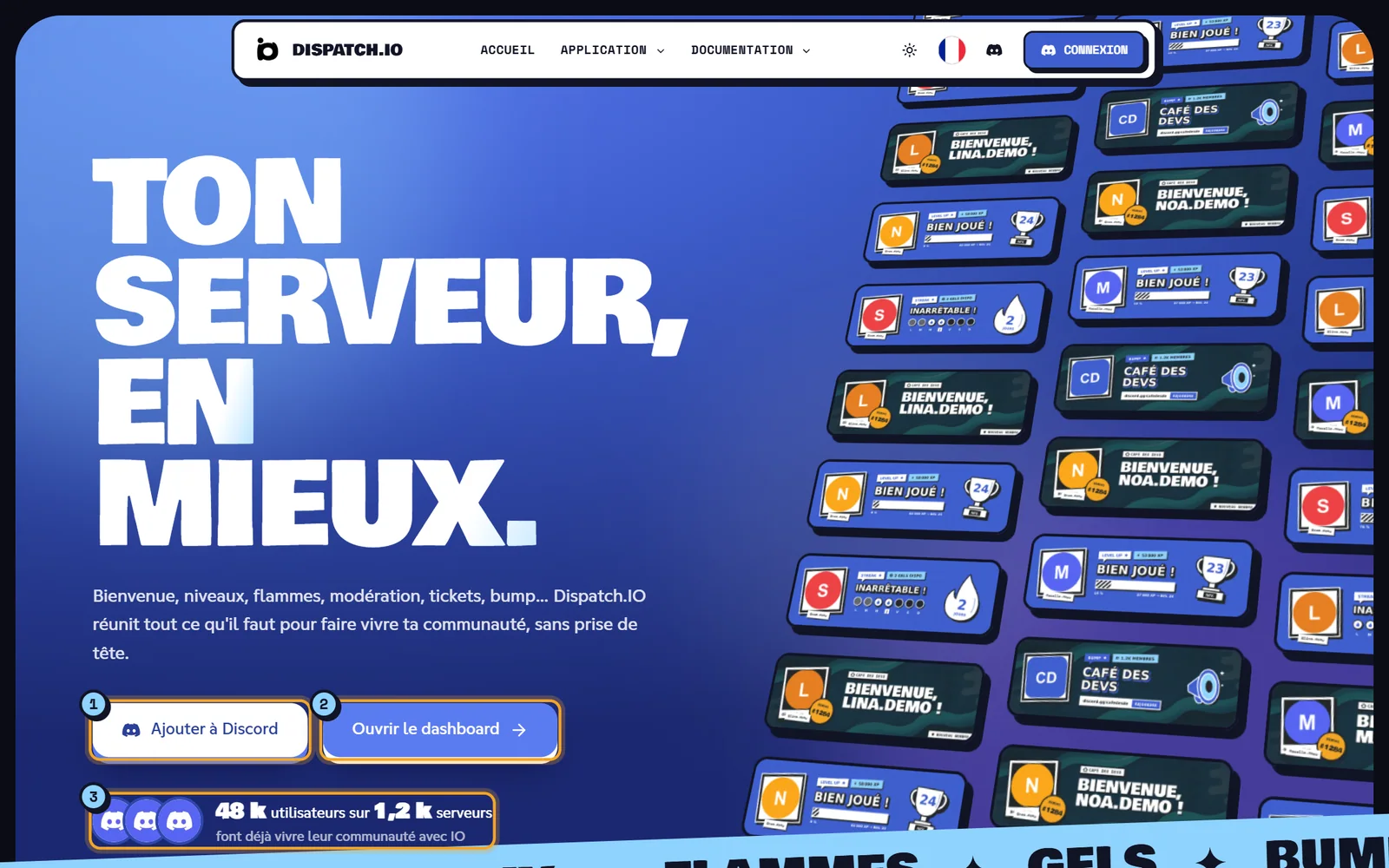 Haut de la page d'accueil de Dispatch.IO avec le titre, les deux boutons et le compteur d'utilisateurs