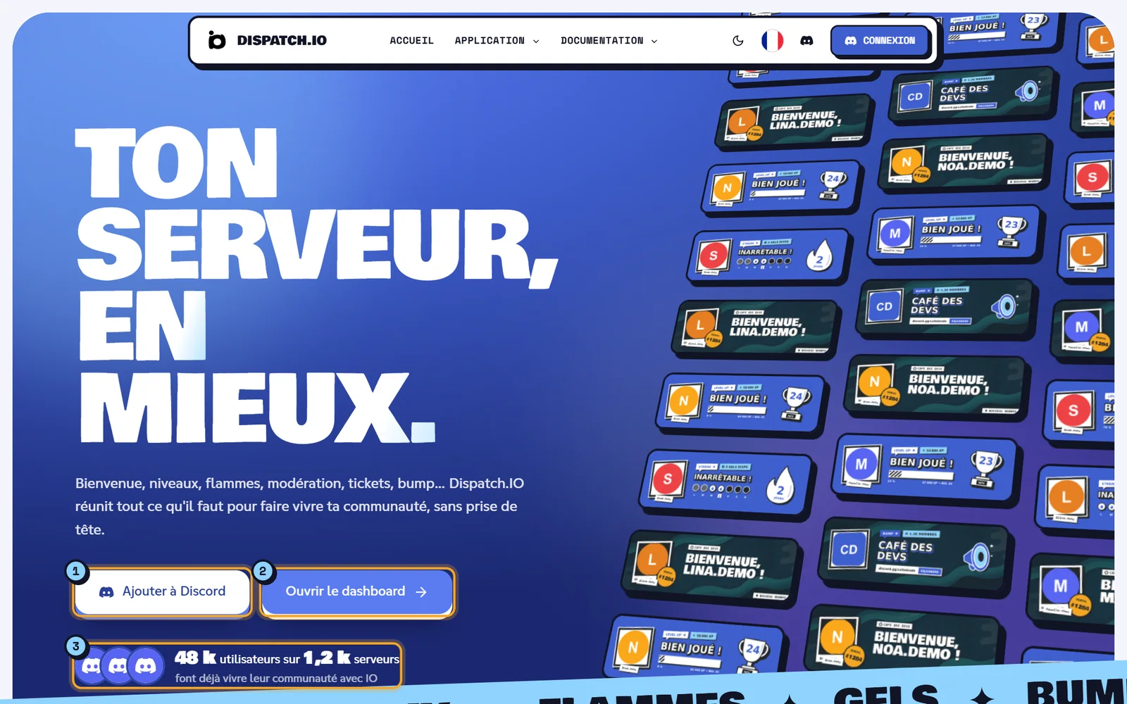 Haut de la page d'accueil de Dispatch.IO avec le titre, les deux boutons et le compteur d'utilisateurs