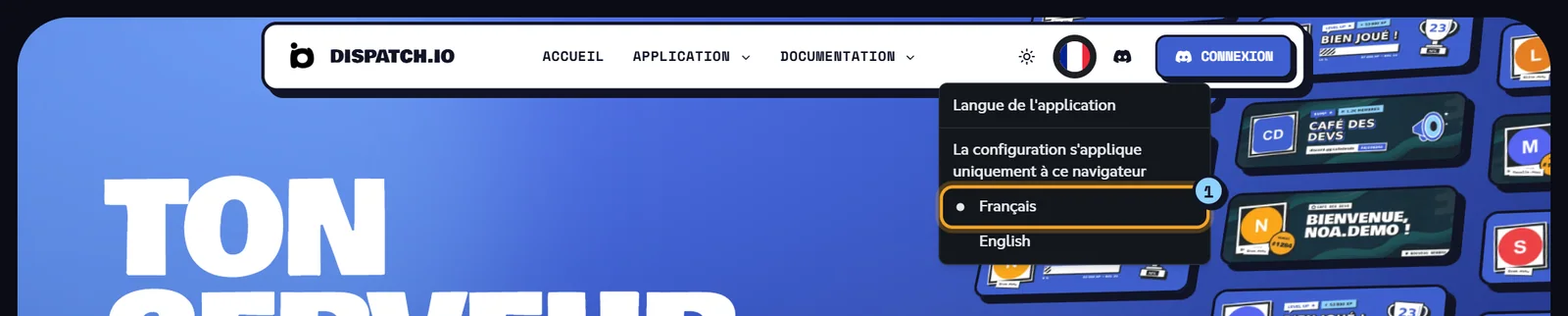 Menu Langue de l'application ouvert avec les choix Français et English