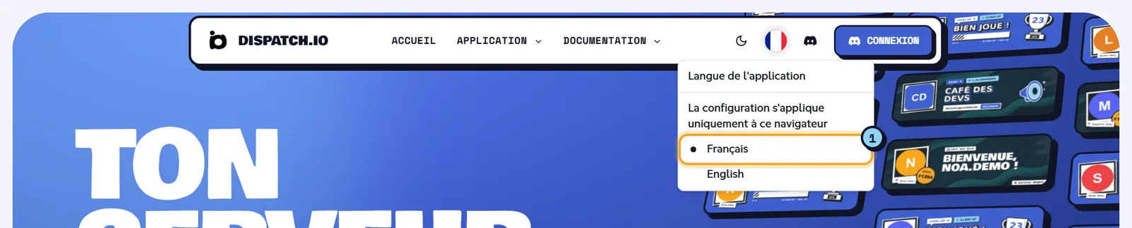 Menu Langue de l'application ouvert avec les choix Français et English