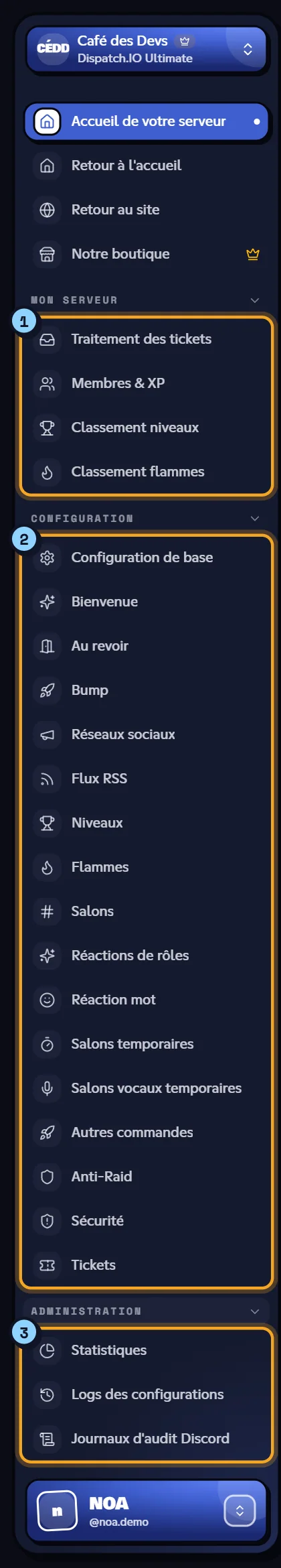 Menu du tableau de bord d'un serveur avec ses trois groupes