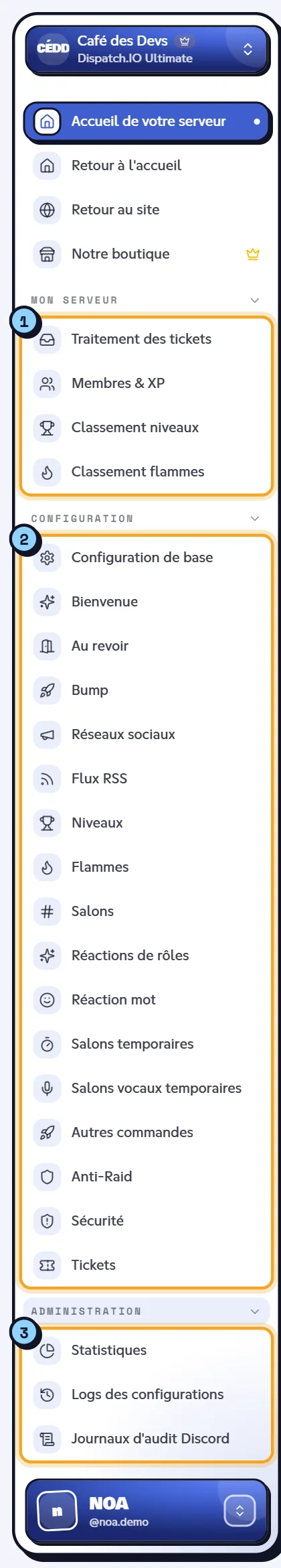 Menu du tableau de bord d'un serveur avec ses trois groupes