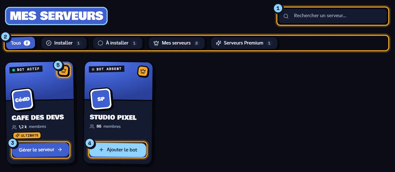 Dans Mes serveurs, la carte d'un serveur sans le bot propose Ajouter le bot : l'invitation s'ouvre avec ce serveur déjà choisi. Section Mes serveurs du tableau de bord avec une carte Bot absent et son bouton Ajouter le bot