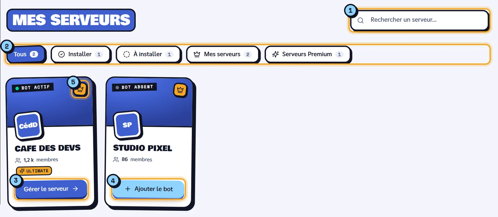 Dans Mes serveurs, la carte d'un serveur sans le bot propose Ajouter le bot : l'invitation s'ouvre avec ce serveur déjà choisi. Section Mes serveurs du tableau de bord avec une carte Bot absent et son bouton Ajouter le bot