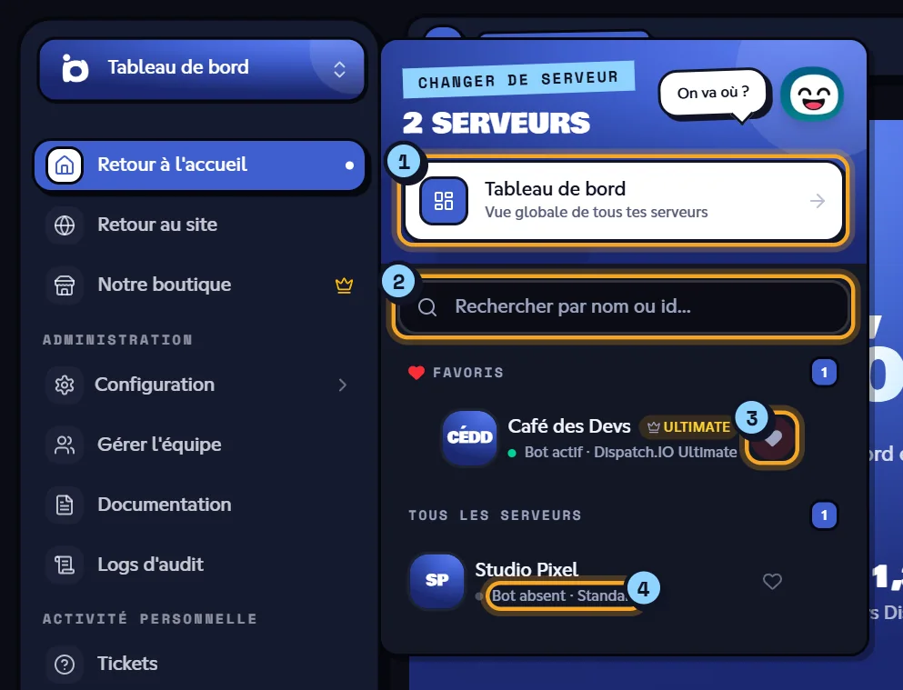 Menu Changer de serveur ouvert en haut de la barre latérale