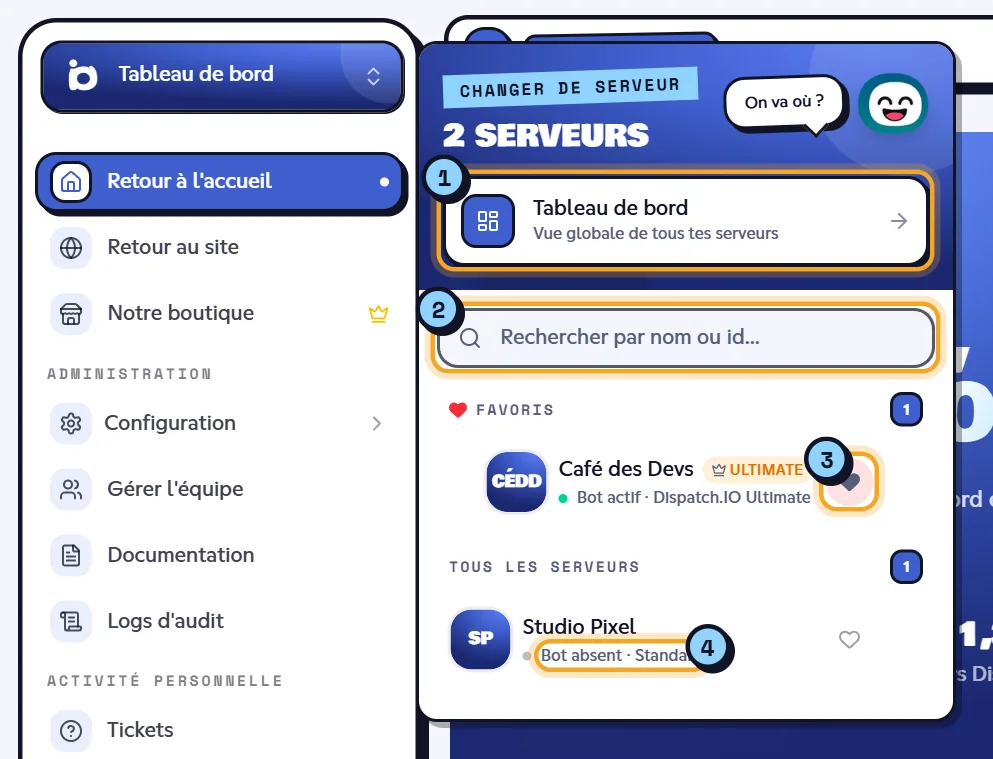 Menu Changer de serveur ouvert en haut de la barre latérale