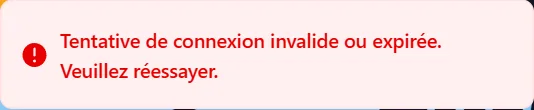 Un message d'erreur après une connexion Discord ratée Message d'erreur rouge en bas à droite de la page d'accueil : « Tentative de connexion invalide ou expirée. Veuillez réessayer. »